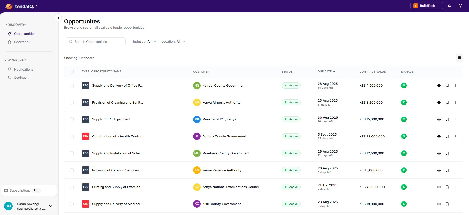 tendaIQ platform showing tender opportunities with AI-powered discovery and qualification analysis